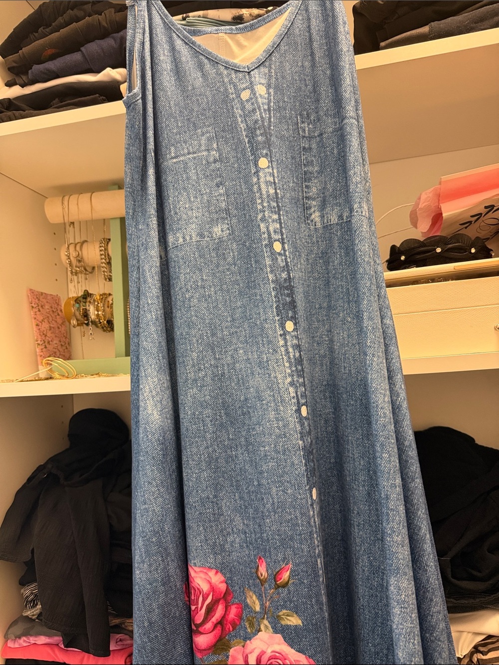 Blue Floral-Embroidered Denim Maxi Skirt